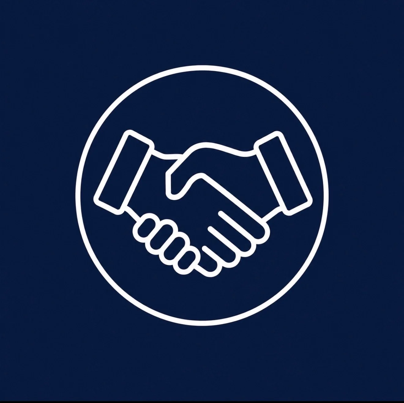 Icon of two hands shaking, within a circle, on a dark blue background.
