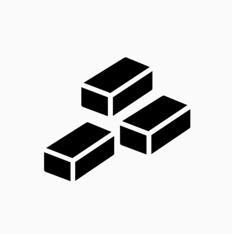 Simplified black and white icon of four bricks or blocks arranged in a pattern