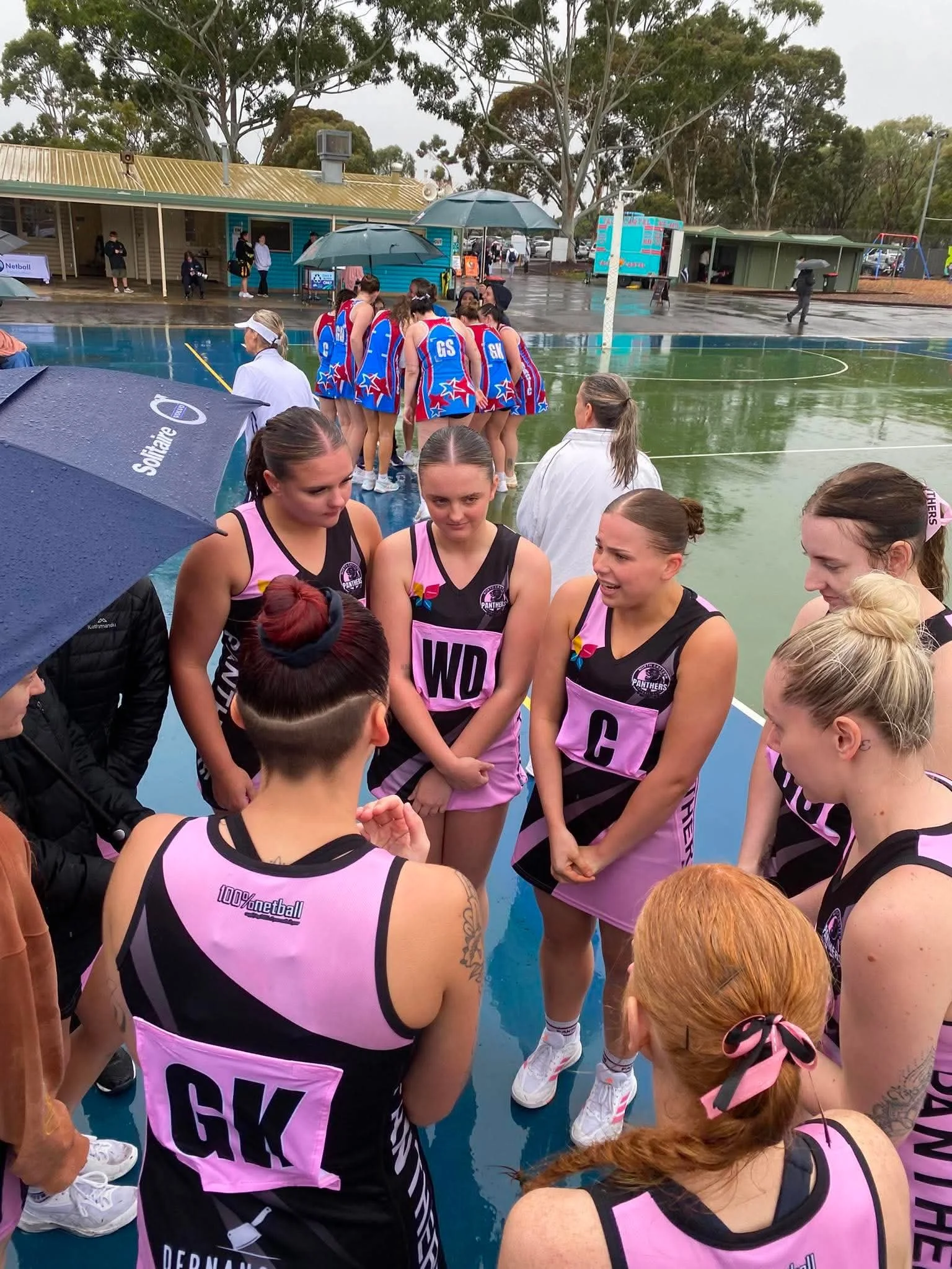 Senior team huddled together in rain