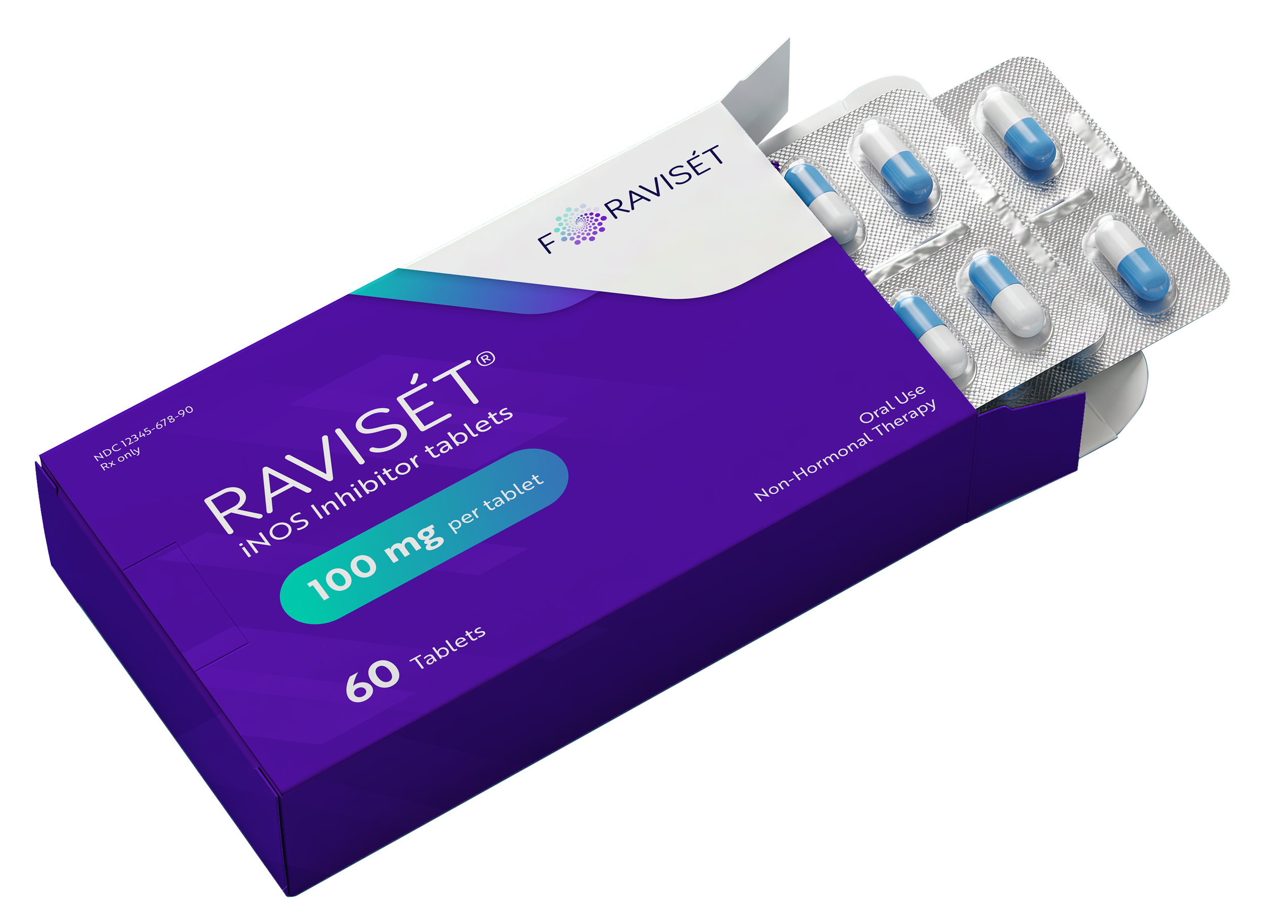 A purple box labeled RAVISÉT with 60 blue and white capsules in a blister pack partially inside the box.