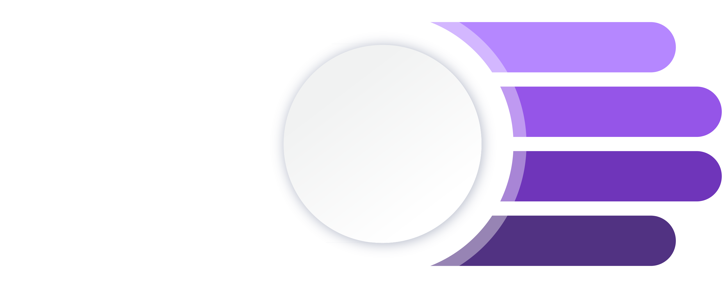 Stylized, abstract graphic featuring a large white circle with a dark gray border on the left, and five horizontal purple bars of varying shades extending to the right, with a background of white and black.