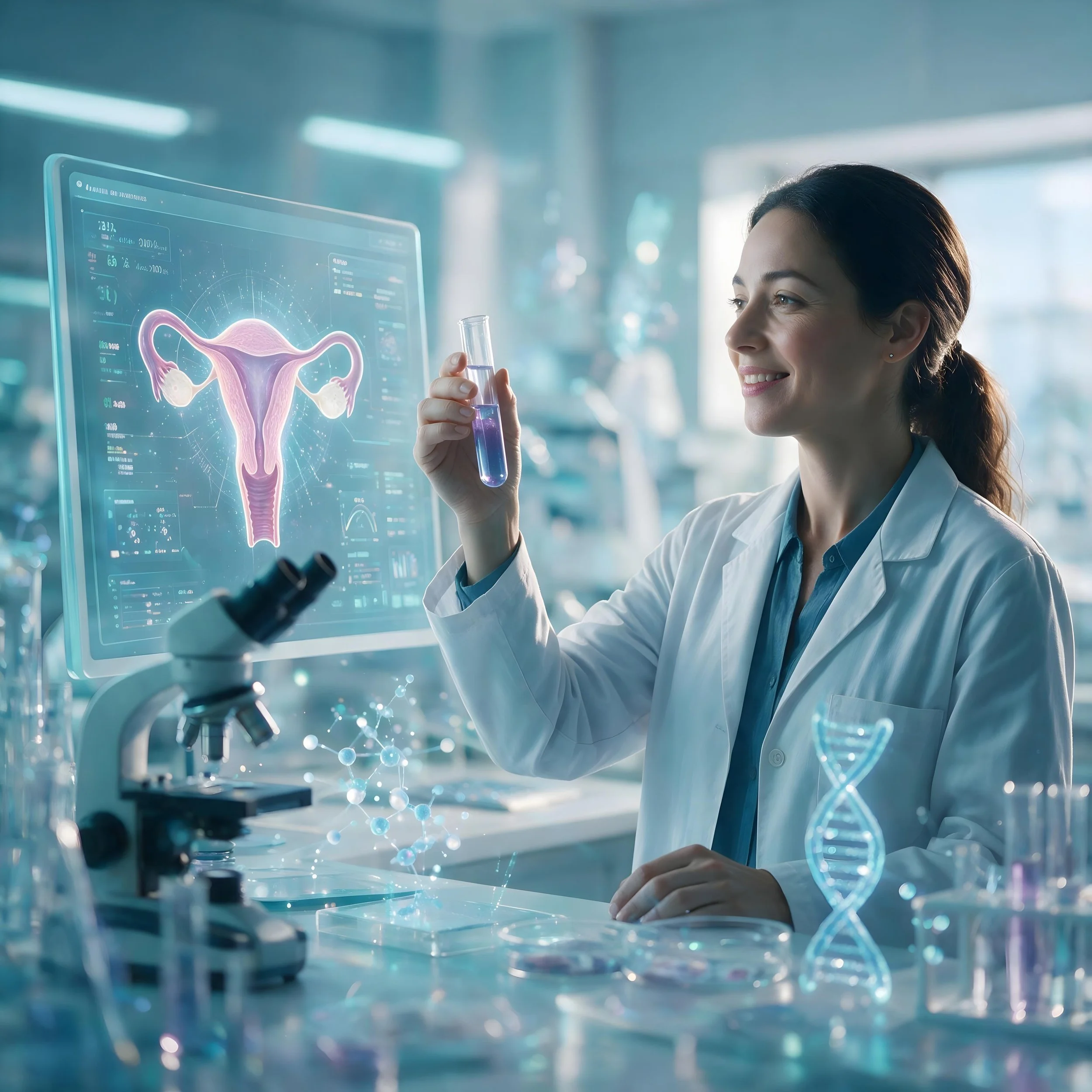A female scientist smiling while holding a test tube with purple liquid in a laboratory with a digital display of female reproductive system on the screen.