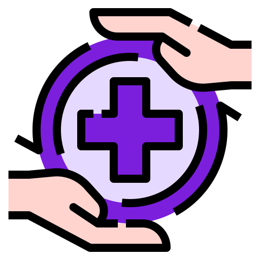 Icon of two hands holding a circular icon with a purple cross inside, representing healthcare or medical assistance.