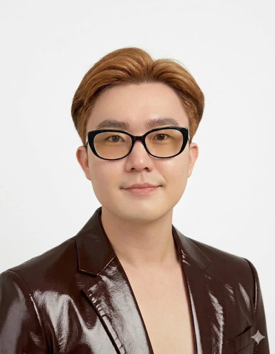 A man with light skin, short reddish-brown hair, wearing black glasses, and a shiny dark brown leather jacket, standing against a plain white background.