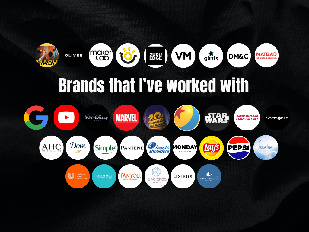 Collection of logos of brands the person has worked with, including Google, YouTube, Marvel, Star Wars, Pepsi, and Disney.