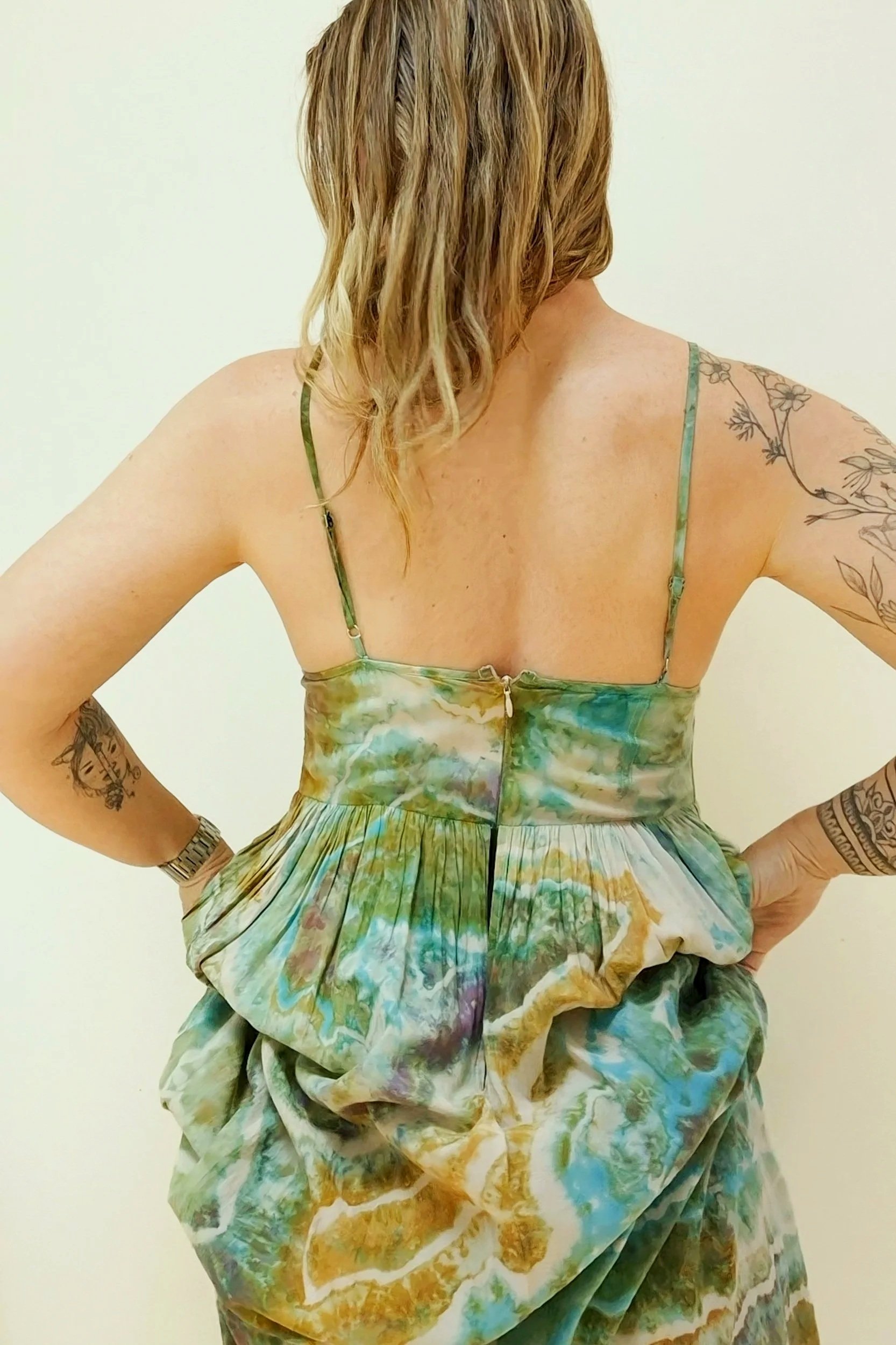 MEADOW hand-dyed corset sundress in turquoise, aqua, ochre and moss green, reclaimed textile wearable art by Aloka & Sol