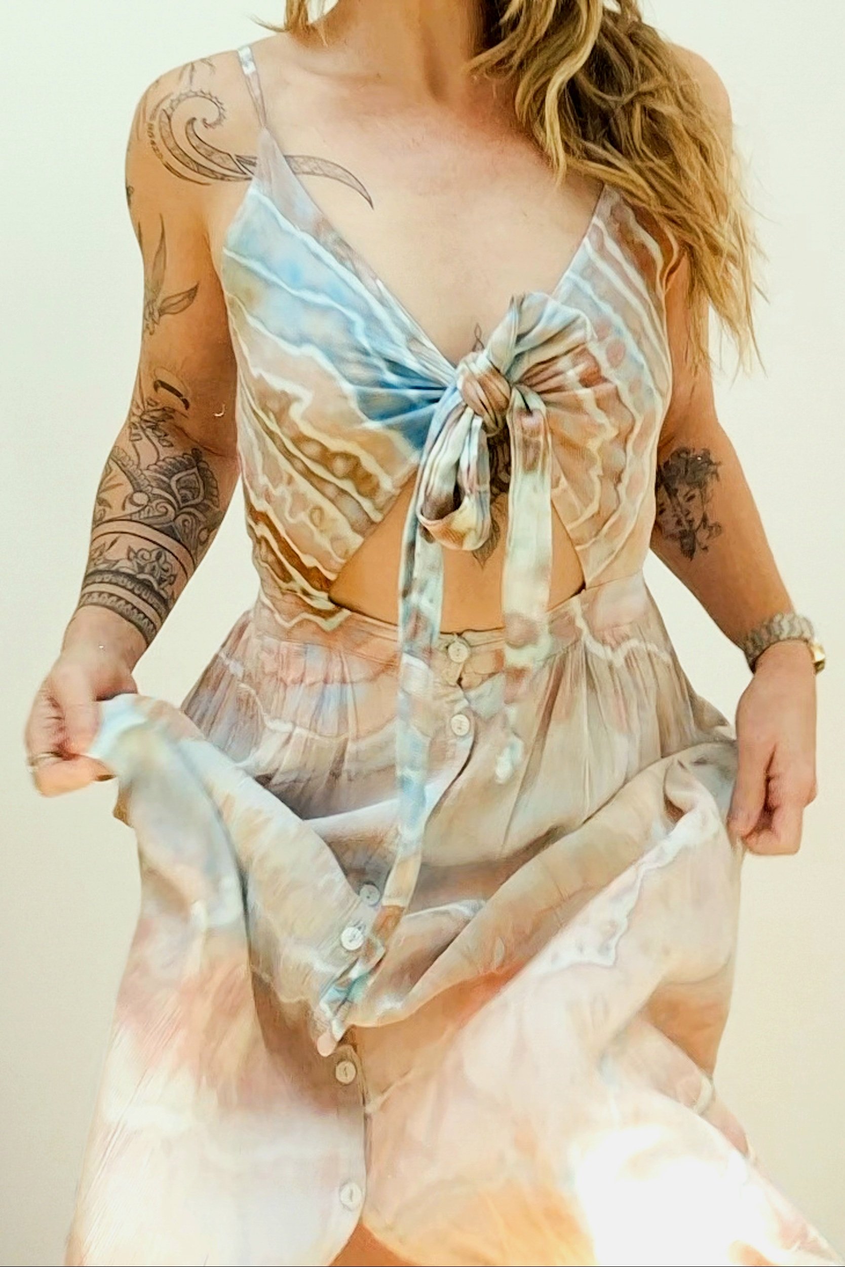 EOS hand-dyed tie-front maxi dress in dusty pink, soft blue and terracotta with button-up skirt, reclaimed wearable art