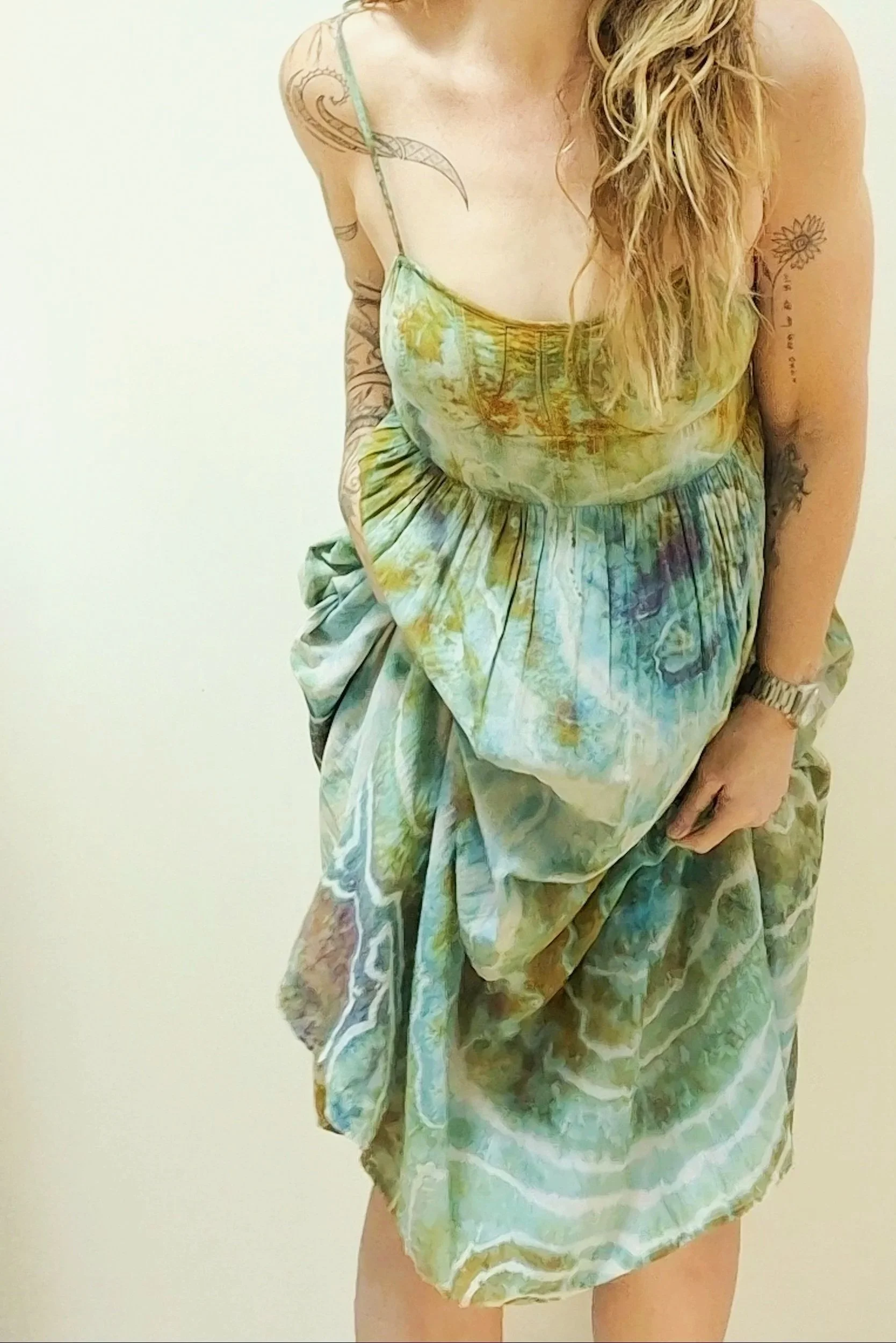 MEADOW hand-dyed corset sundress in turquoise, aqua, ochre and moss green, reclaimed textile wearable art by Aloka & Sol