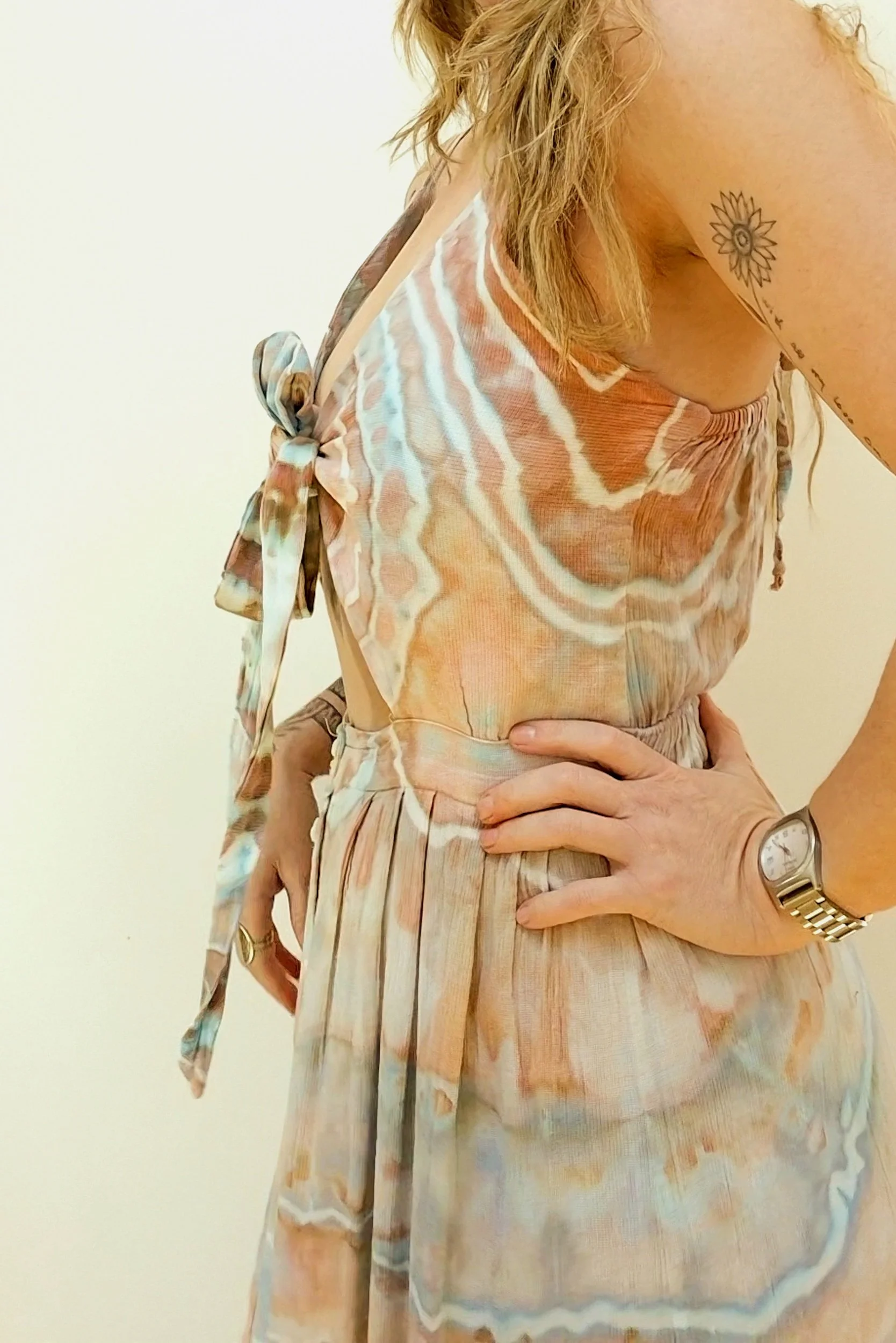 EOS hand-dyed tie-front maxi dress in dusty pink, soft blue and terracotta with button-up skirt, reclaimed wearable art