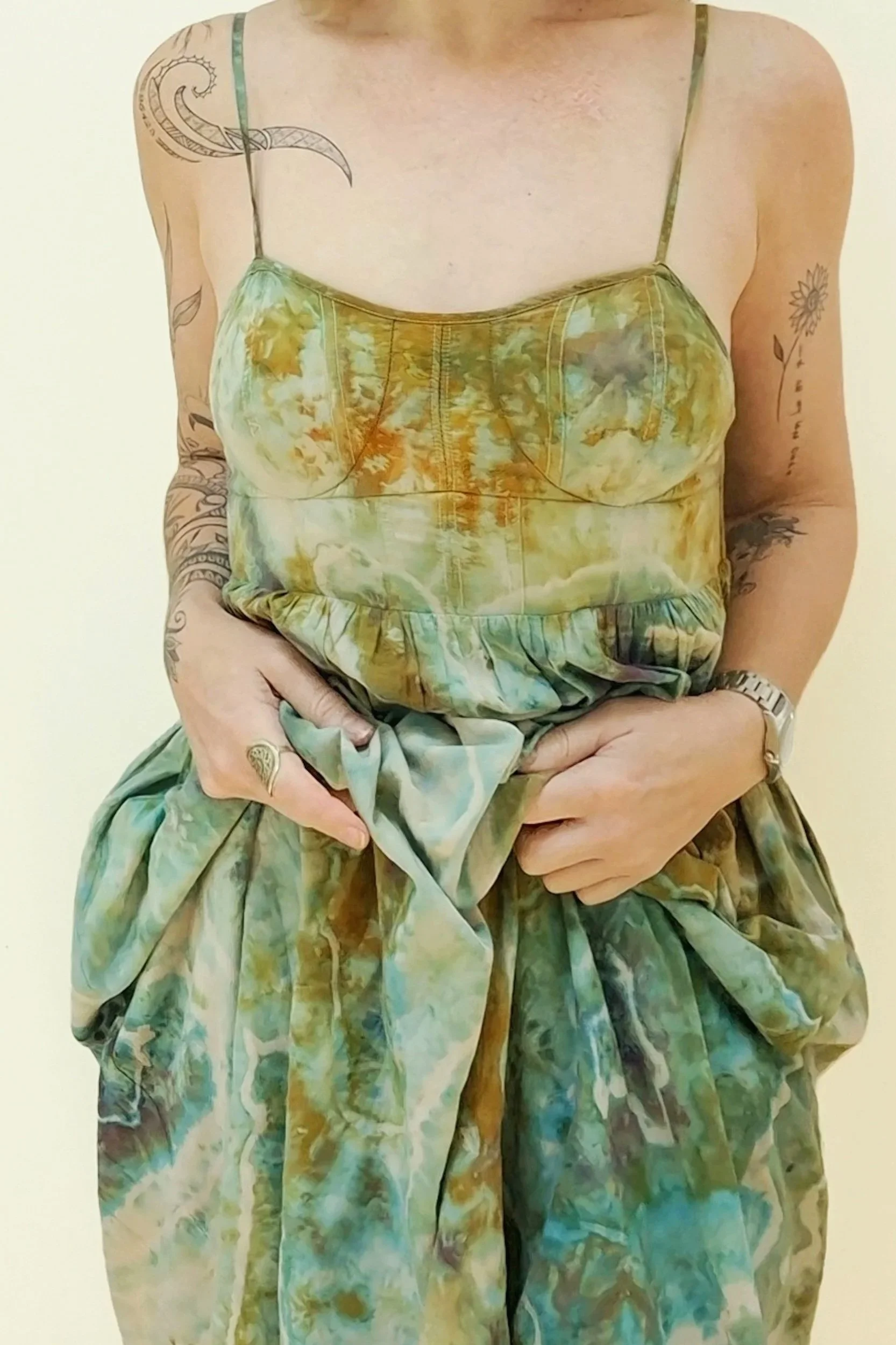 MEADOW hand-dyed corset sundress in turquoise, aqua, ochre and moss green, reclaimed textile wearable art by Aloka & Sol