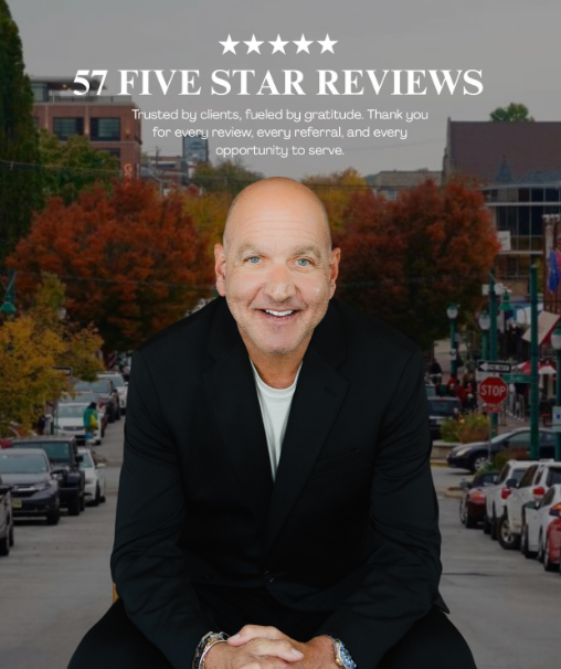 A smiling man wearing a black jacket and white shirt sitting outdoors on a city street with colorful trees and cars in the background, overlaid with five stars, the text "57 FIVE STAR REVIEWS," and a quote about client trust and gratitude.
