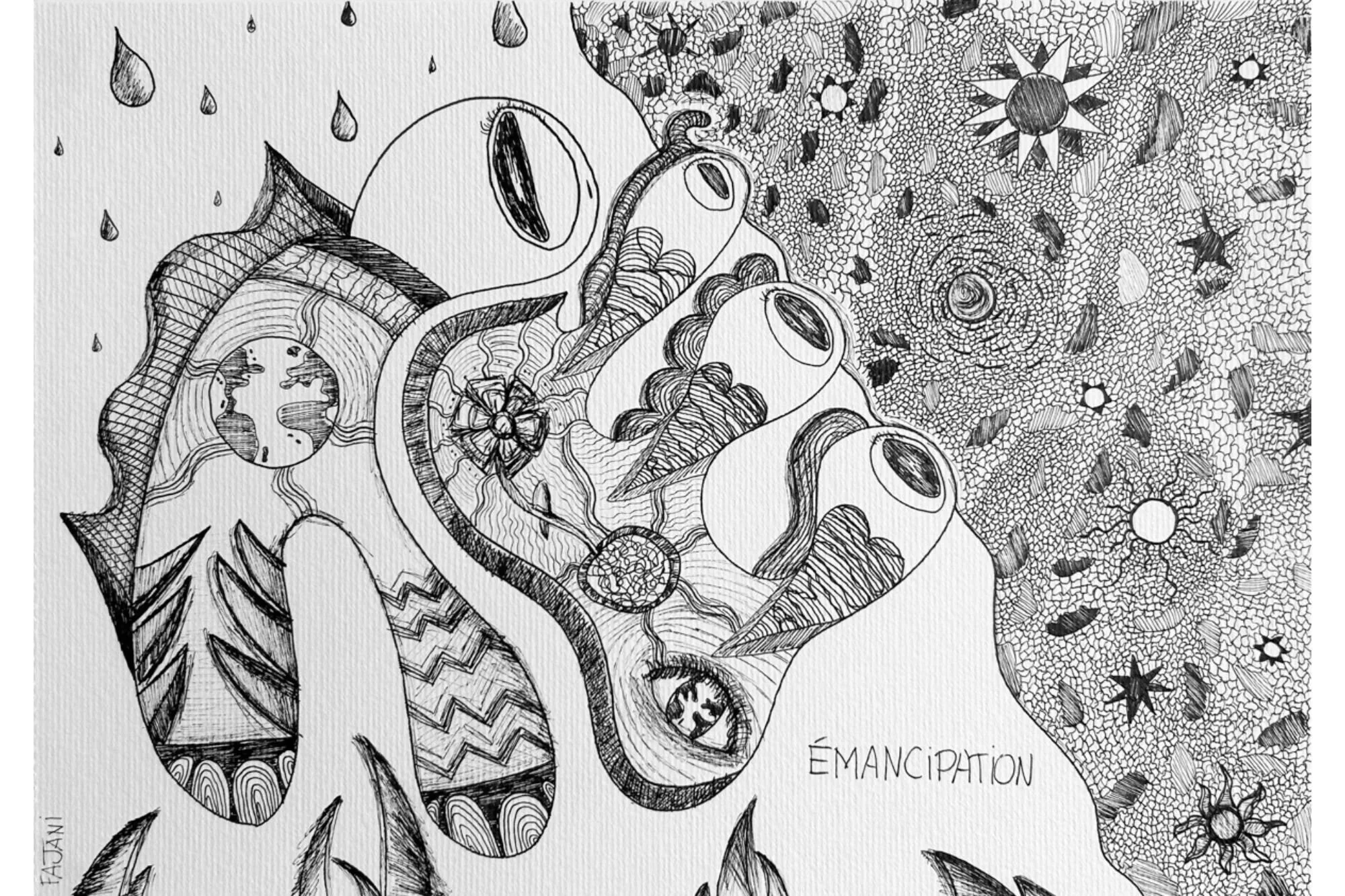 Illustration en noir et blanc avec des formes organiques, des feuilles, des motifs géométriques et un mot écrit 'ÉMANCIPATION'.