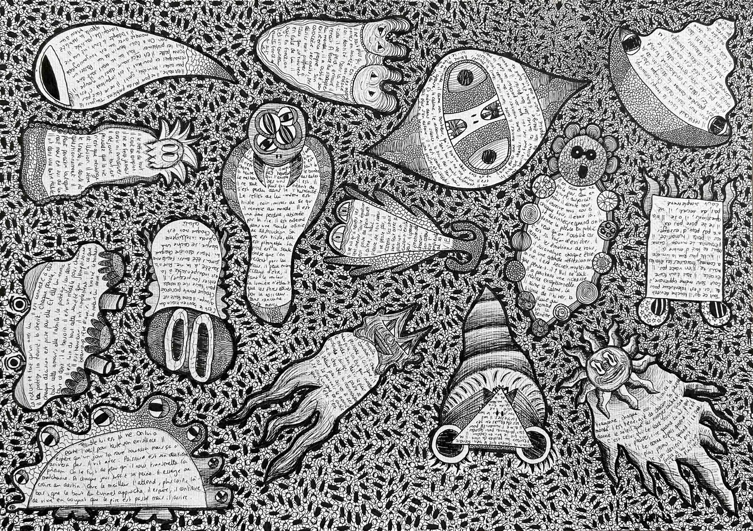 Une illustration complexe en noir et blanc remplie de dessins, de textes dans des bulles, avec des éléments tels que des yeux, un visage d'animal, des formes géométriques, et des formes organiques.