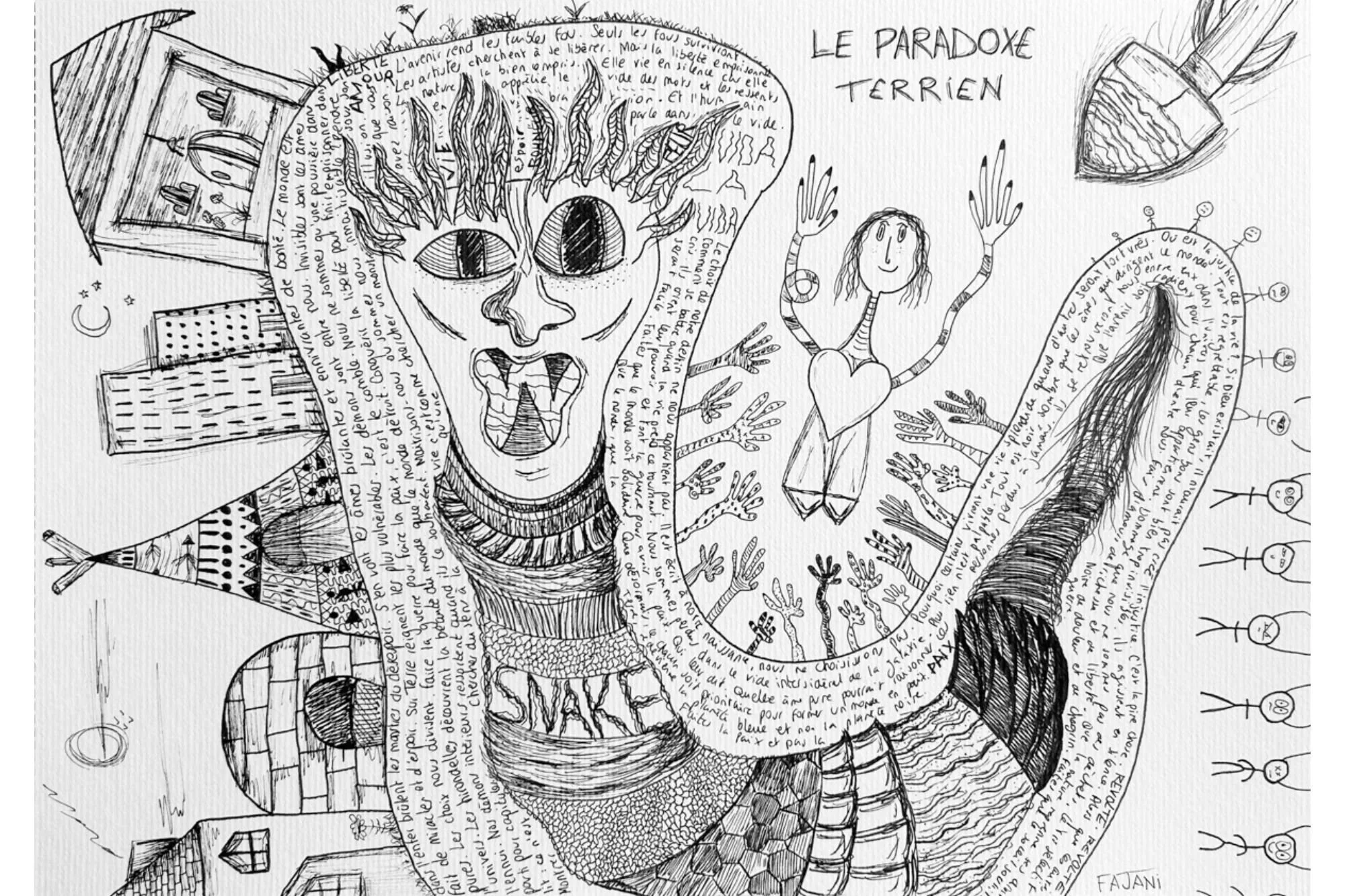Dessin d'un personnage avec des yeux grands et croisés, entouré de texte en français. Autres dessins d'une maison, d'une poupée, et de diverses formes.