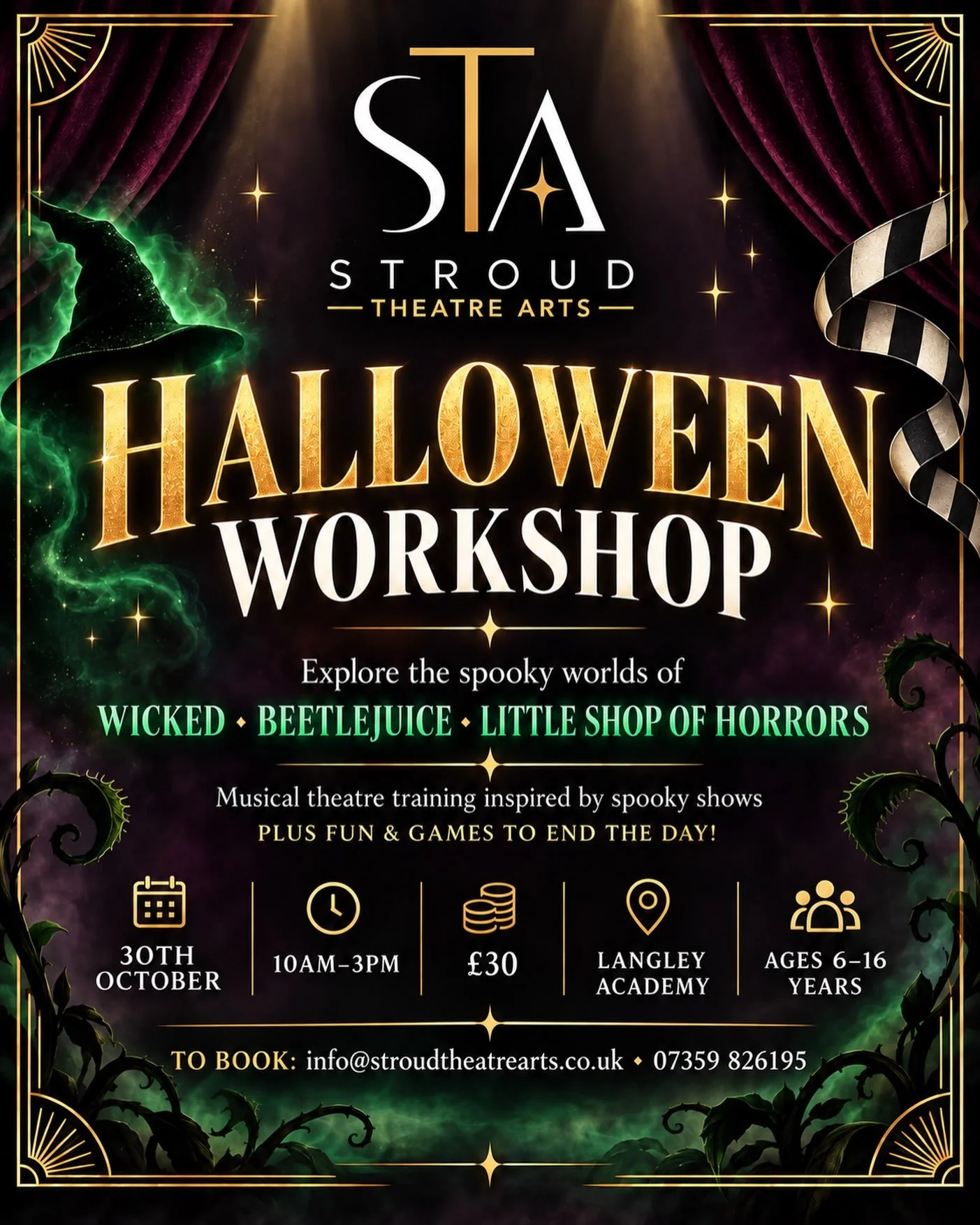 🎃 HALLOWEEN WORKSHOP 🎃

Join us for a brilliant day of singing, dancing and acting inspired by some of our favourite spooky shows, including Wicked, Beetlejuice and Little Shop of Horrors! 🧙&zwj;♀️🪲🌱

We&rsquo;ll explore different songs, scenes 