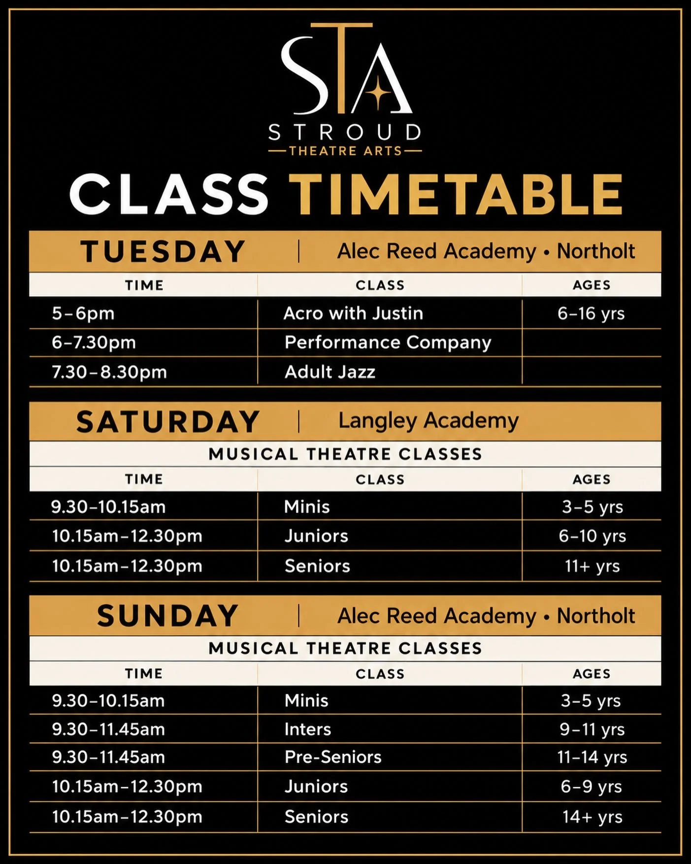 STA LATEST TIMETABLE ⭐ 

We&rsquo;re so excited to see our timetable grow and be able to bring you more opportunities to sing &amp; dance with us!

If you&rsquo;re interested in training with us drop us a message or fill in our trial form via our web