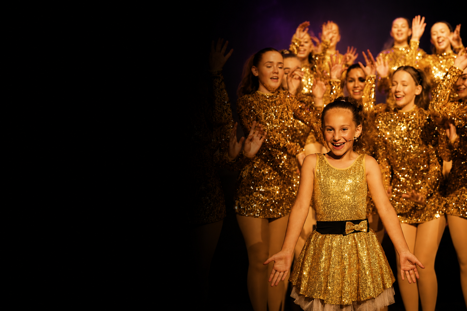 Young girl performing on stage with a group of girls in gold costumes.
