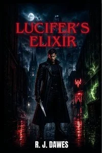 Book cover titled 'Lucifer's Elixir' by R. J. Dawes, featuring a dark, rainy city street with a man holding a sword in the center.