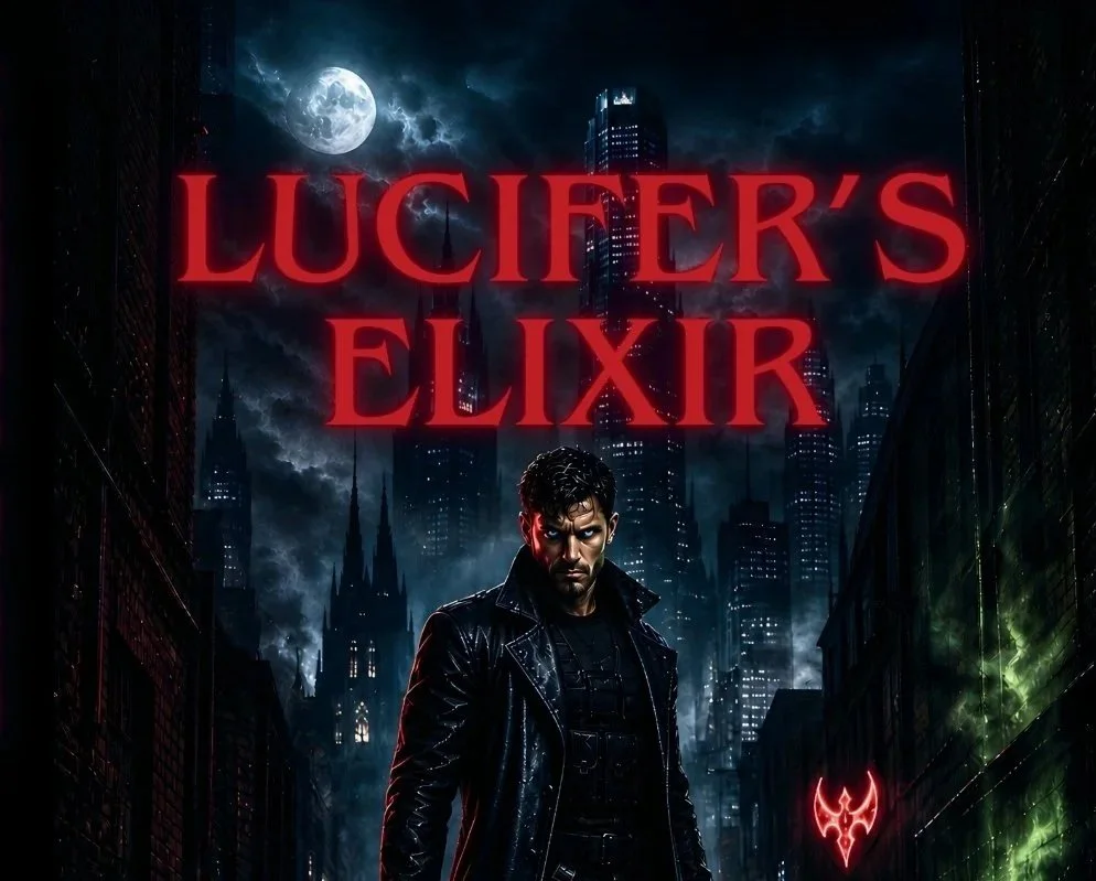 Dark cityscape under a night sky with a full moon, featuring a man in a leather jacket standing in the foreground, with the title 'Lucifer's Elixir' in red letters at the top.