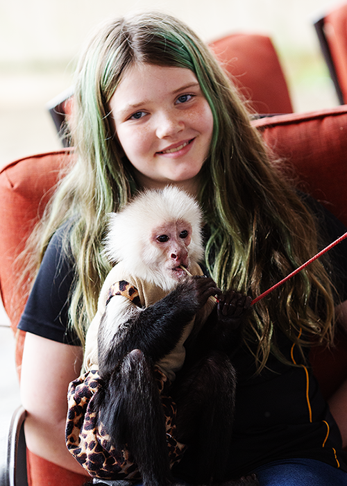 Young girl with green and blonde hair smiling while holding a small white monkey with black fur and wearing a leopard-print shirt.