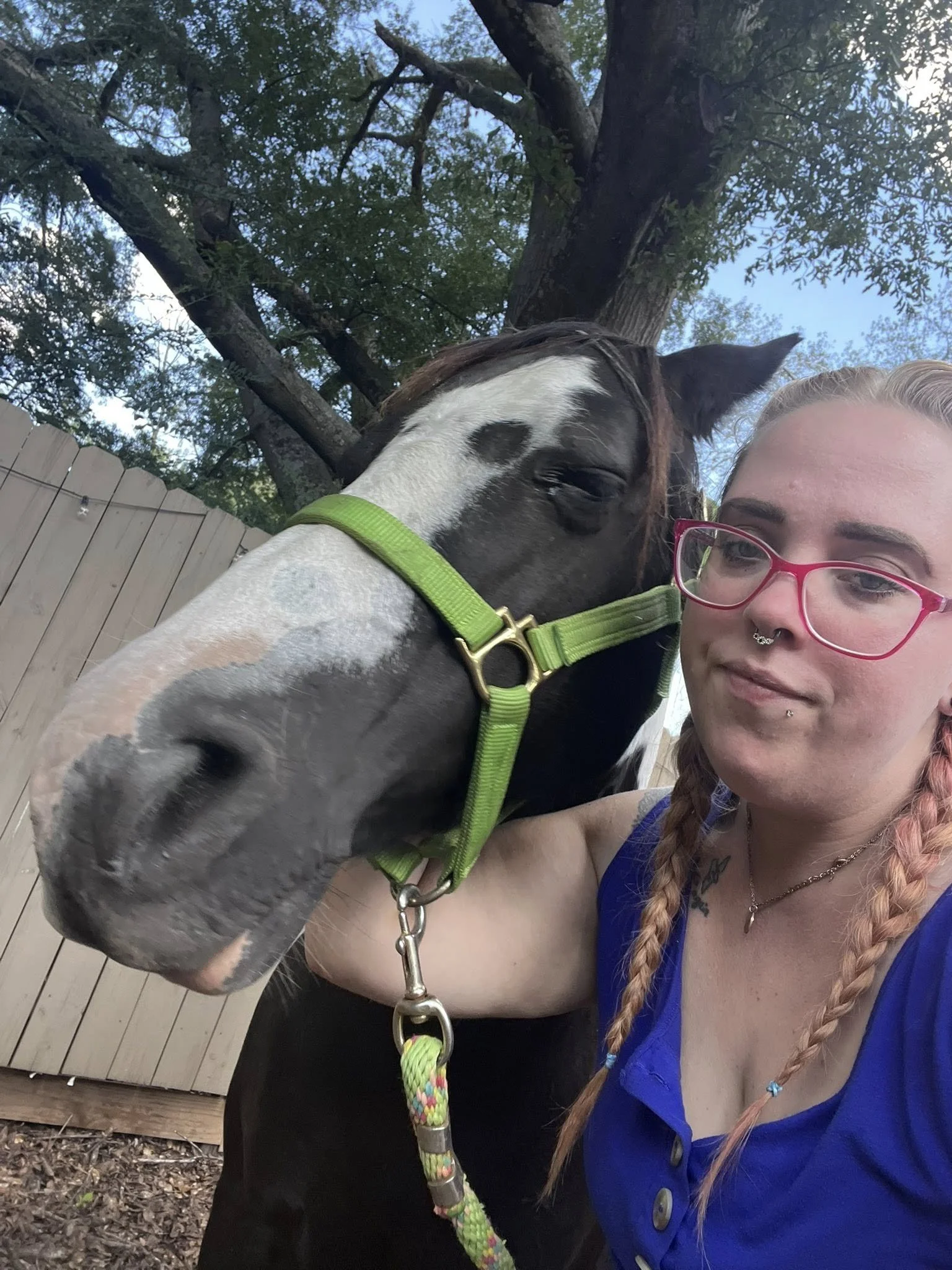 A woman with braided hair and pink glasses taking a selfie with a black and white horse wearing a green halter, in an outdoor setting with trees and a wooden fence.