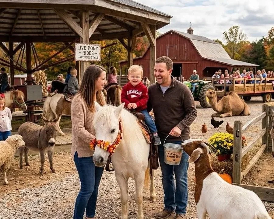 A family at a petting zoo with a white pony, a boy sitting on it, a woman and man standing beside it, and various farm animals including goats, chickens, a camel, and a donkey. There is a wooden barn, a tractor, and a trailer with people in the background. The scene is outdoors with trees and colorful foliage.
