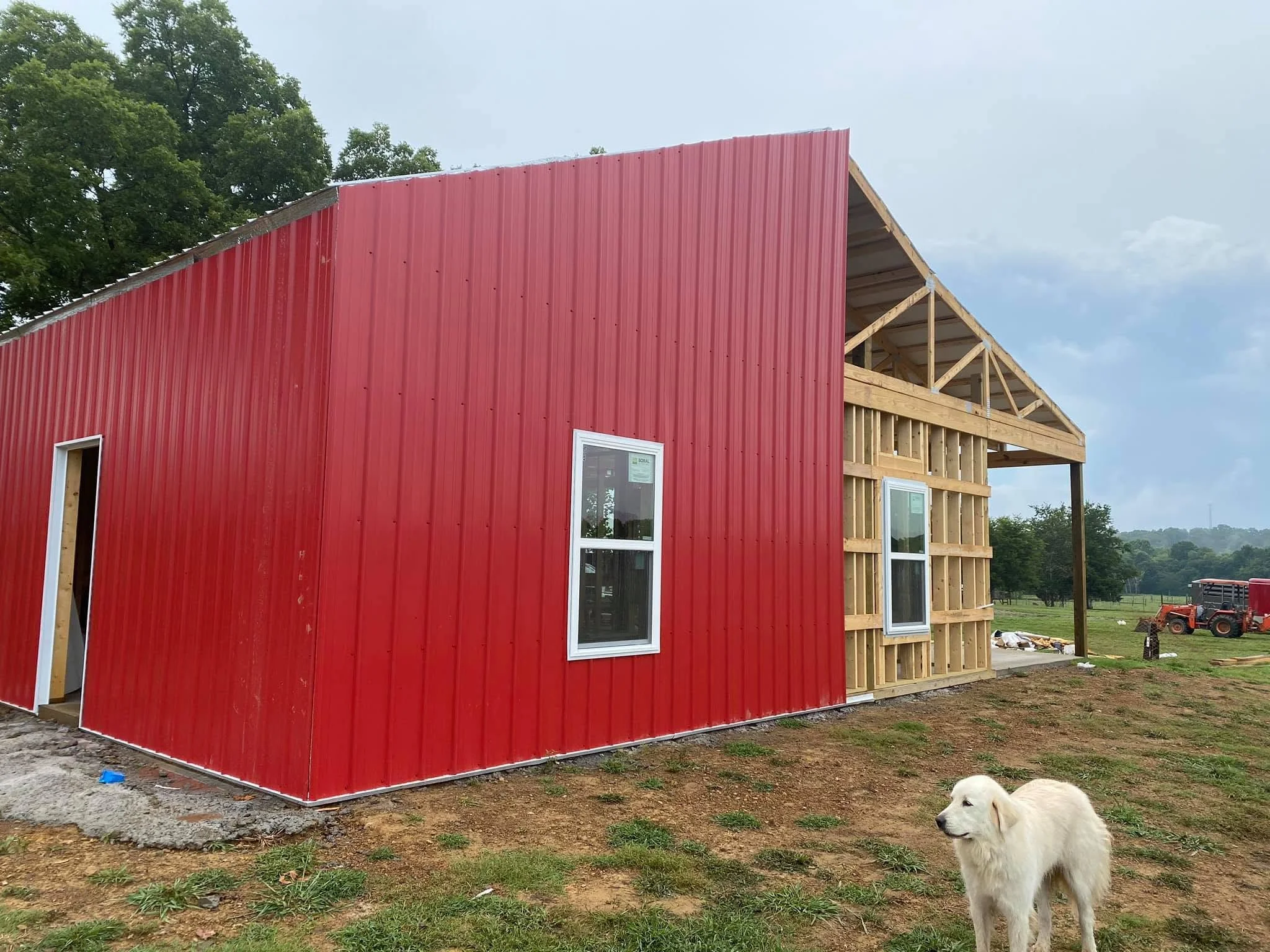 A red metal building under construction with wooden framing on one side and a partially installed roof. There are trees in the background, a cloudy sky, and a white dog standing on the grassy ground in the foreground.