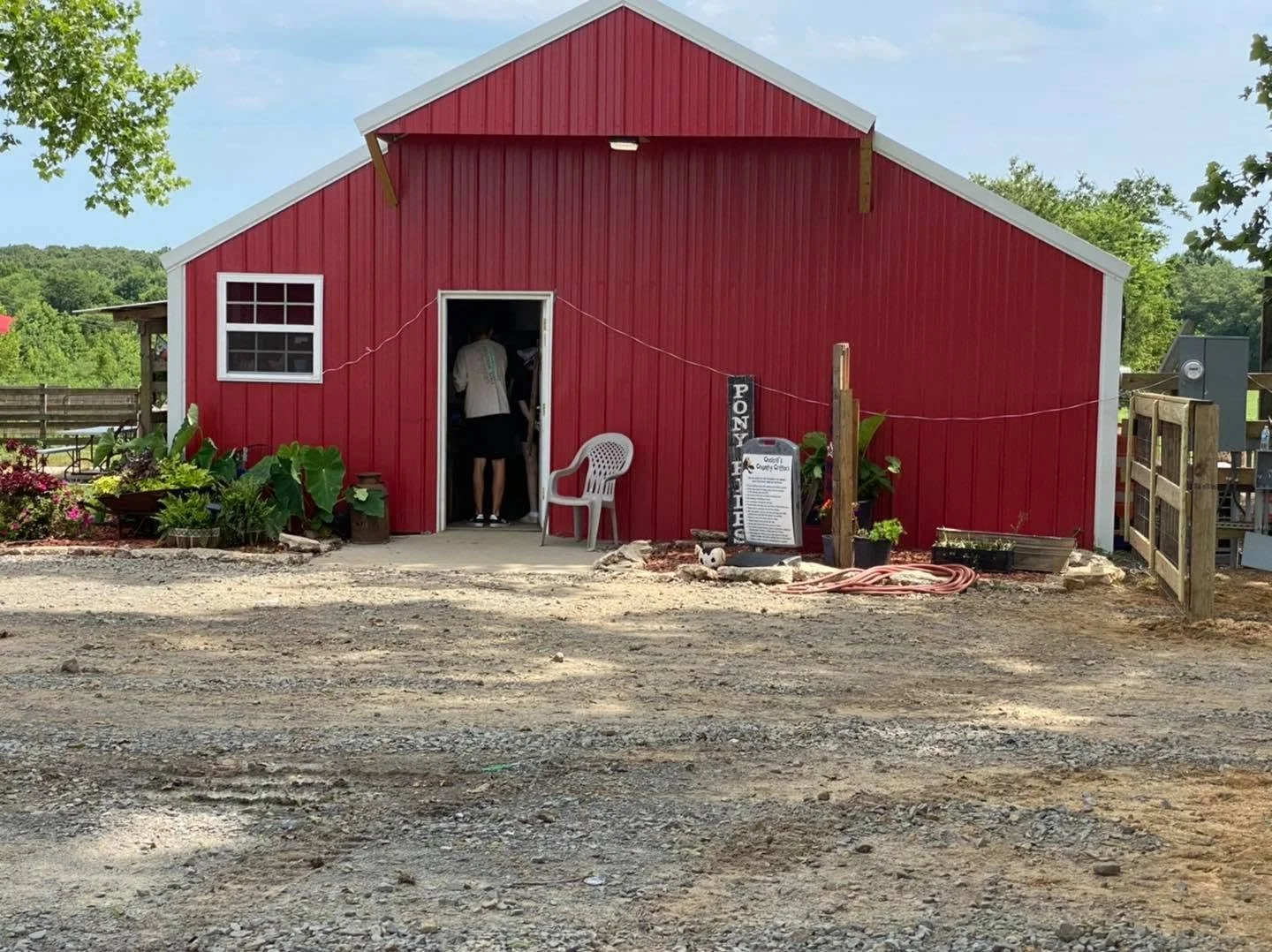Red barn with white trim on a farm, with a person entering the door, potted plants, a white plastic chair, a sign, and garden hoses in front. Green trees and blue sky in the background.