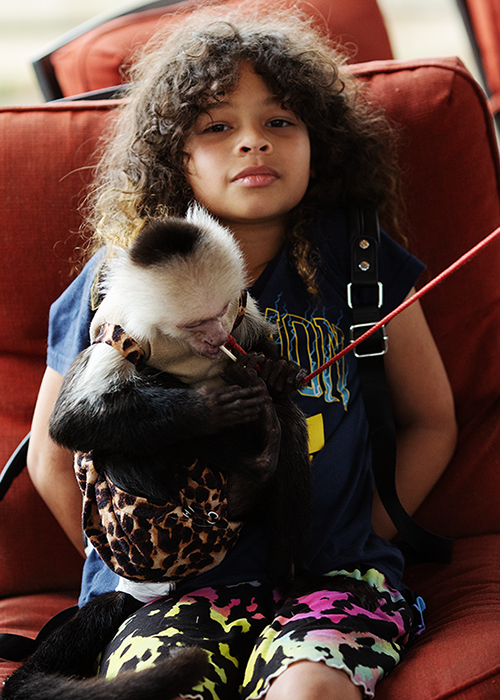 A young girl with curly hair sitting on a red couch, holding a small monkey wearing a leopard-print outfit and a leash.