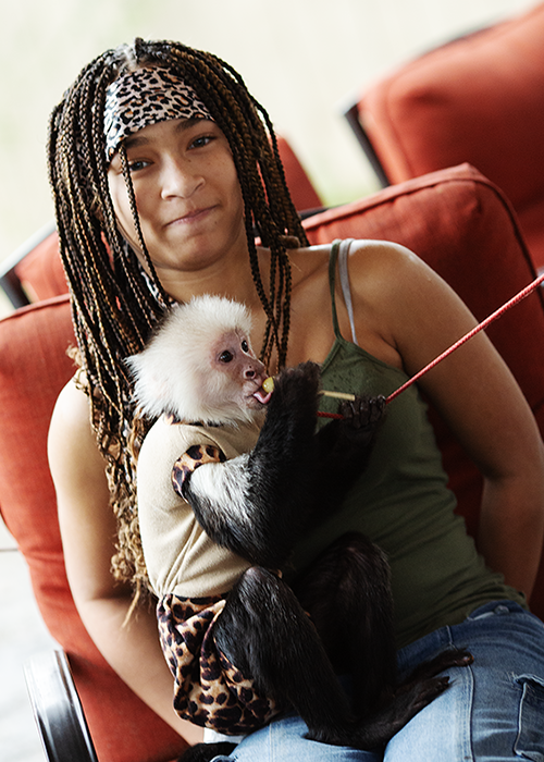 A young girl with braids and a leopard print headband gently holds a baby monkey, which is wearing a beige shirt, on her lap in a cozy indoor setting with orange cushions behind her.