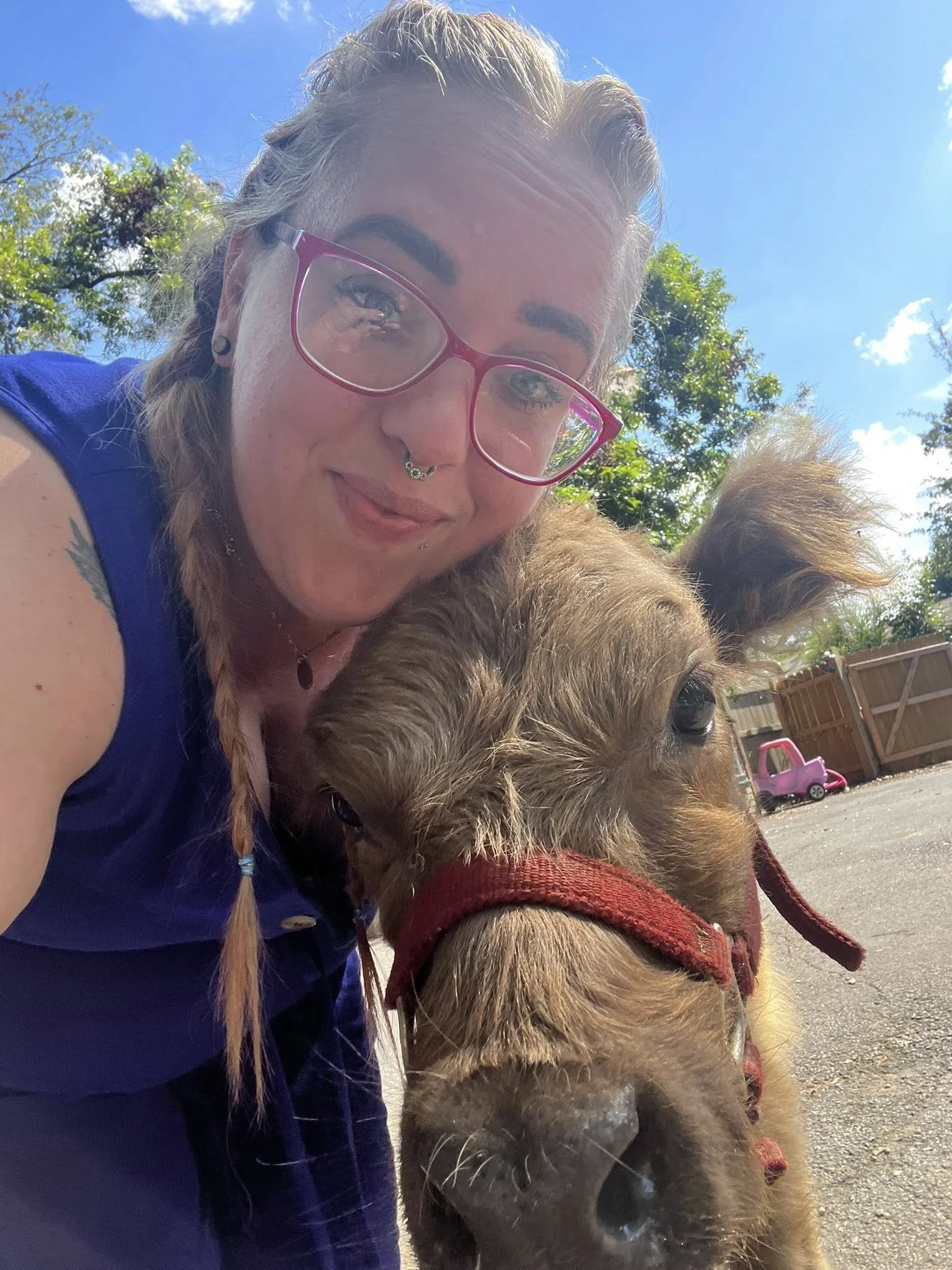 A woman with glasses and a septum piercing taking a selfie with a puppy outdoors on a sunny day. The woman has braided hair, and the puppy is wearing a red harness. In the background, there is a blue sky, some trees, a fence, and a pink toy truck.