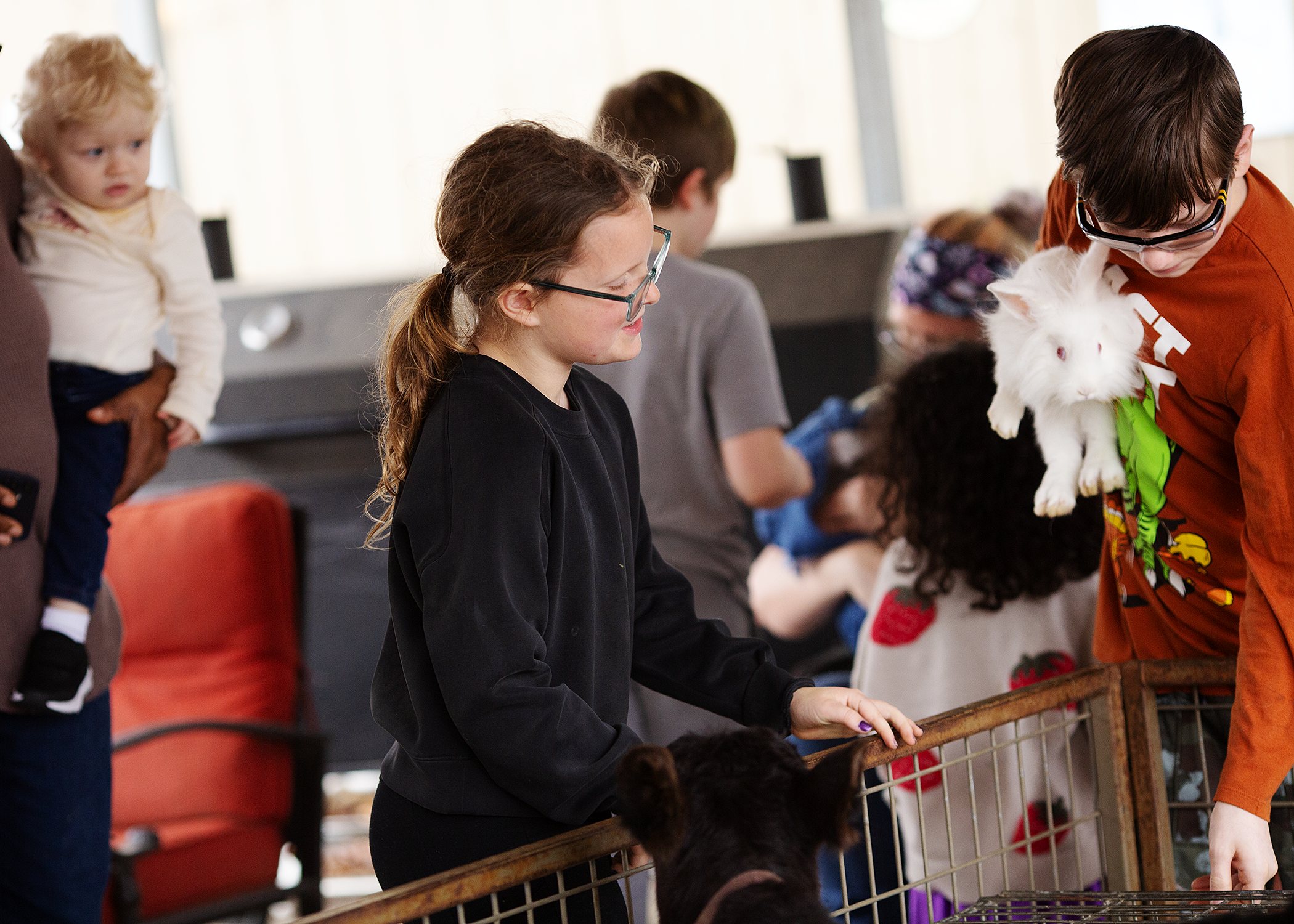Children and adults petting rabbits at an indoor event.