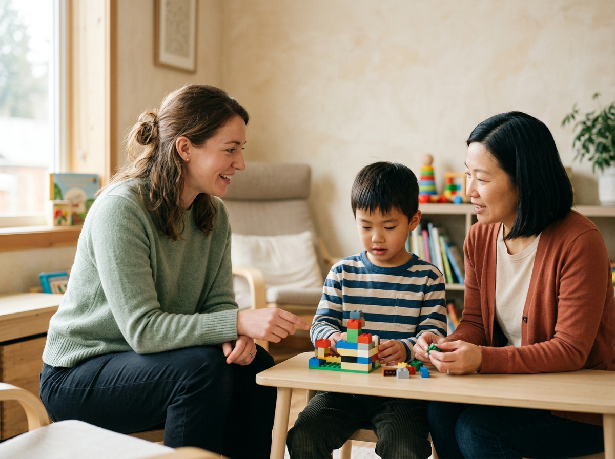A speech and language therapist and a young boy and his Mum sitting at a table, playing with colorful building blocks, smiling and engaging in the activity.