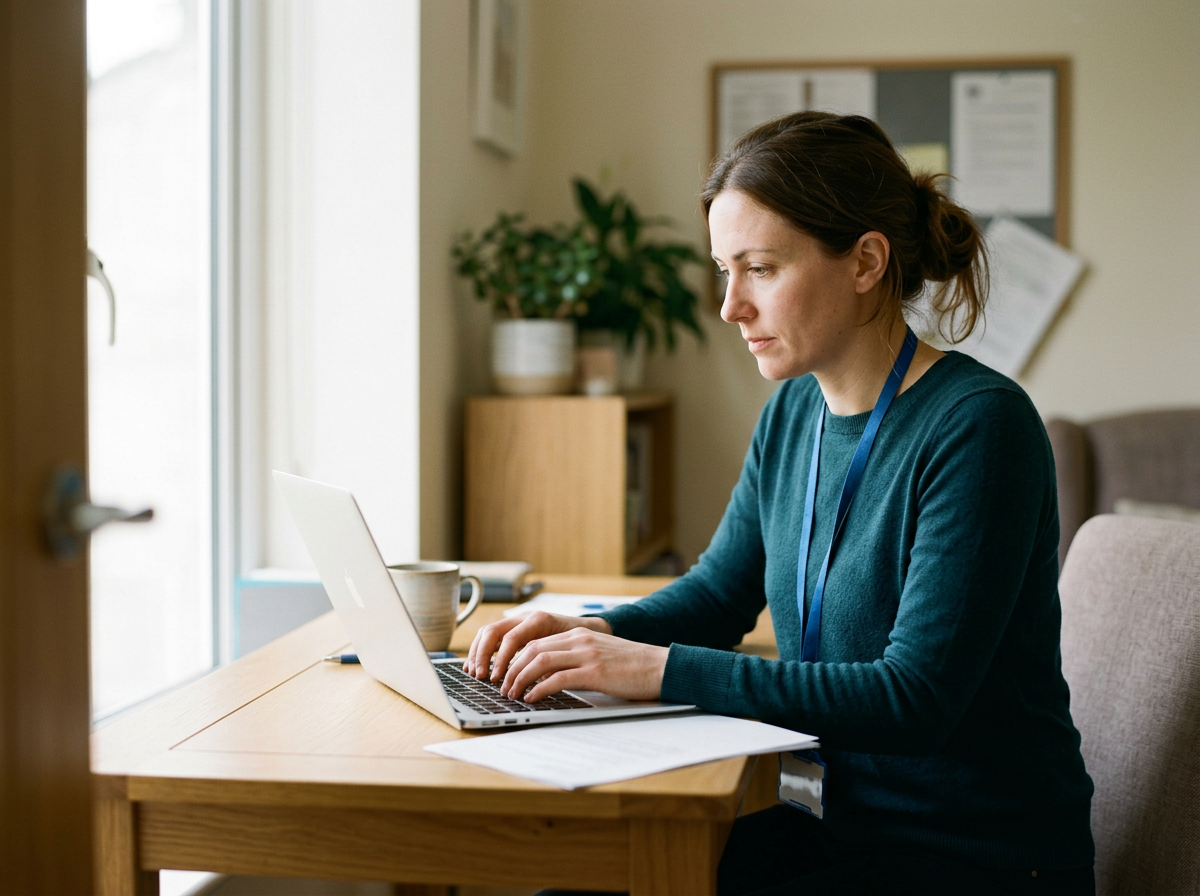 A speech and language therapist sitting at a wooden desk using a laptop to write a report, with a coffee mug, papers, and a pen in front of her, in a well-lit home office.