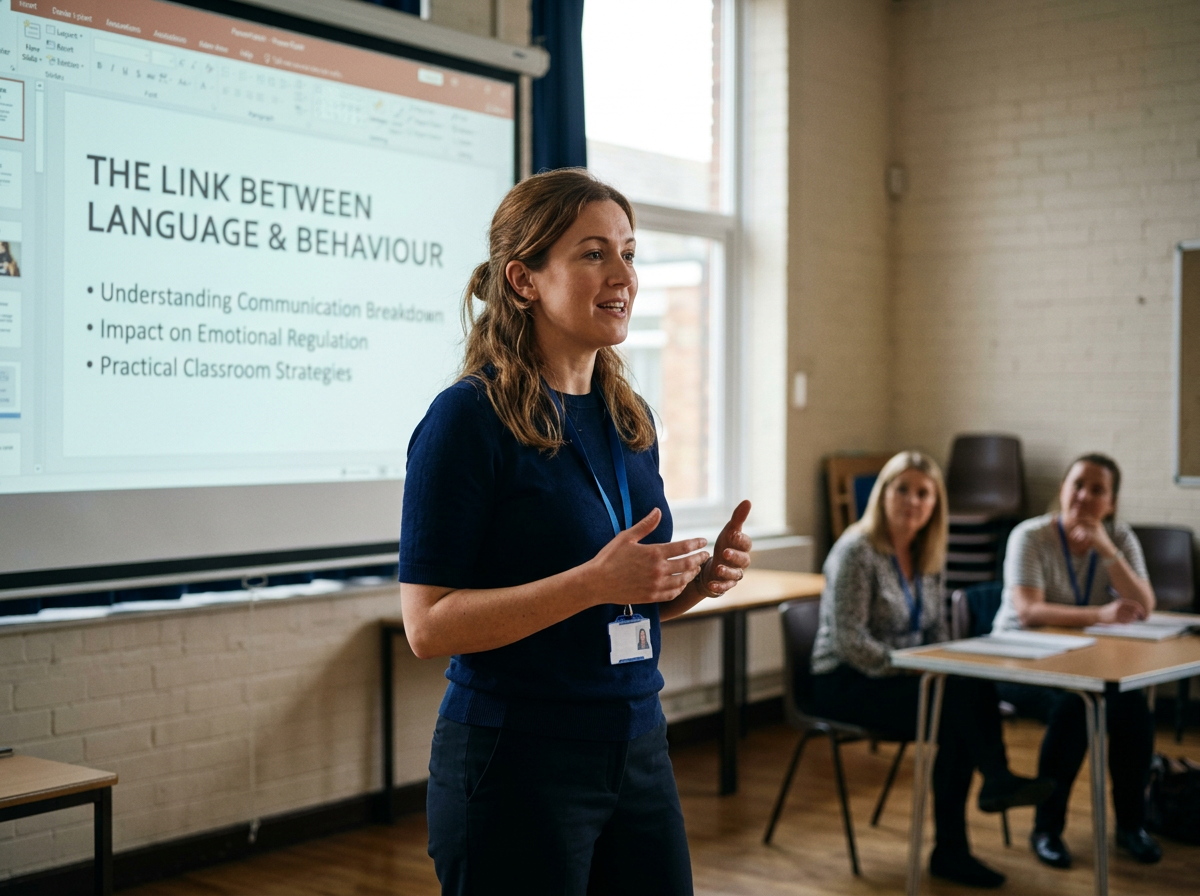 A speech and language therapist giving presentation in classroom with teaching staff, screen displaying 'The Link Between Language & Behaviour'.