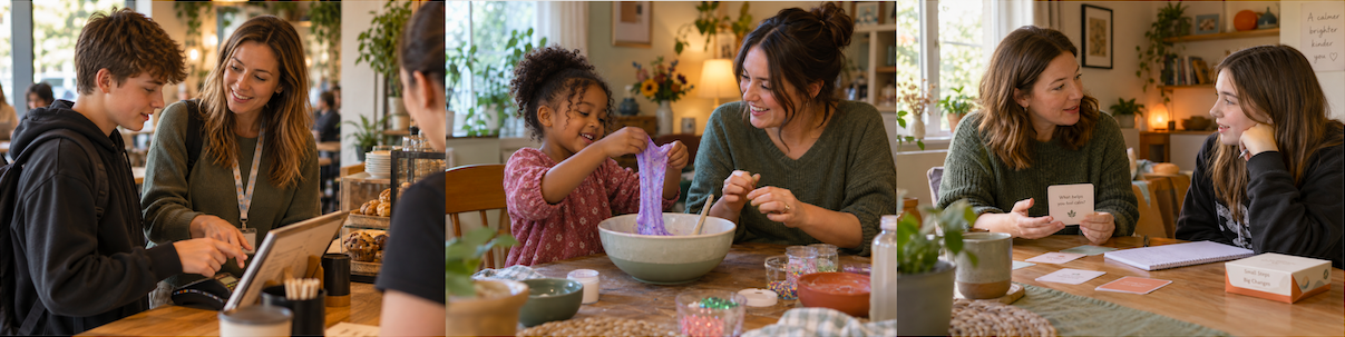Three scenes: First shows a woman and a teenage boy at a bakery counter looking at a tablet. Second depicts a young girl and woman playing with purple slime at a kitchen table. Third features a woman and a teenage girl sitting at a table with cards and a notebook, having a conversation.