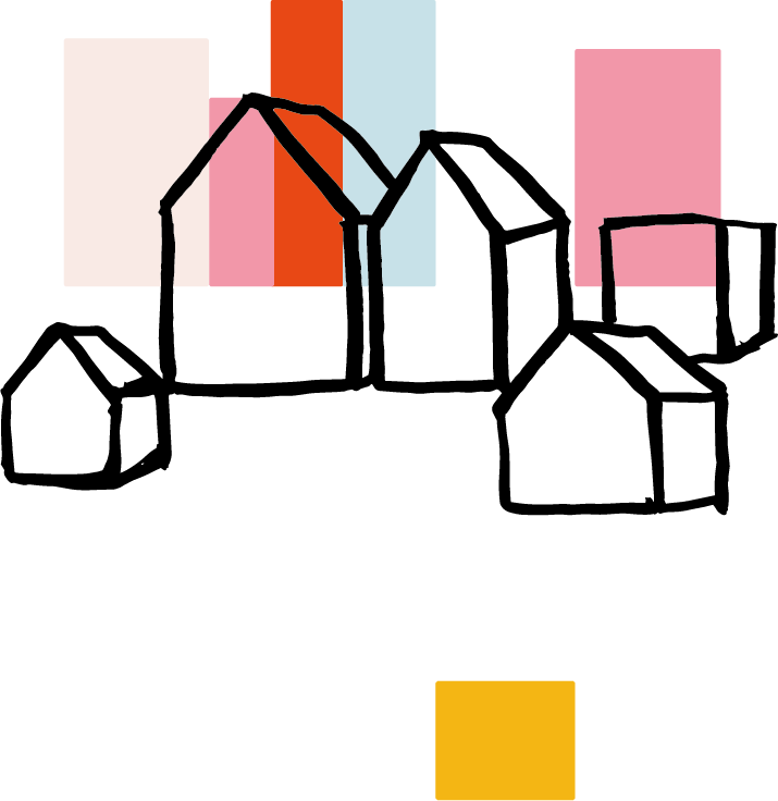 Graphisme abstrait avec lignes noires et formes géométriques colorées en orange, rose, jaune et bleu