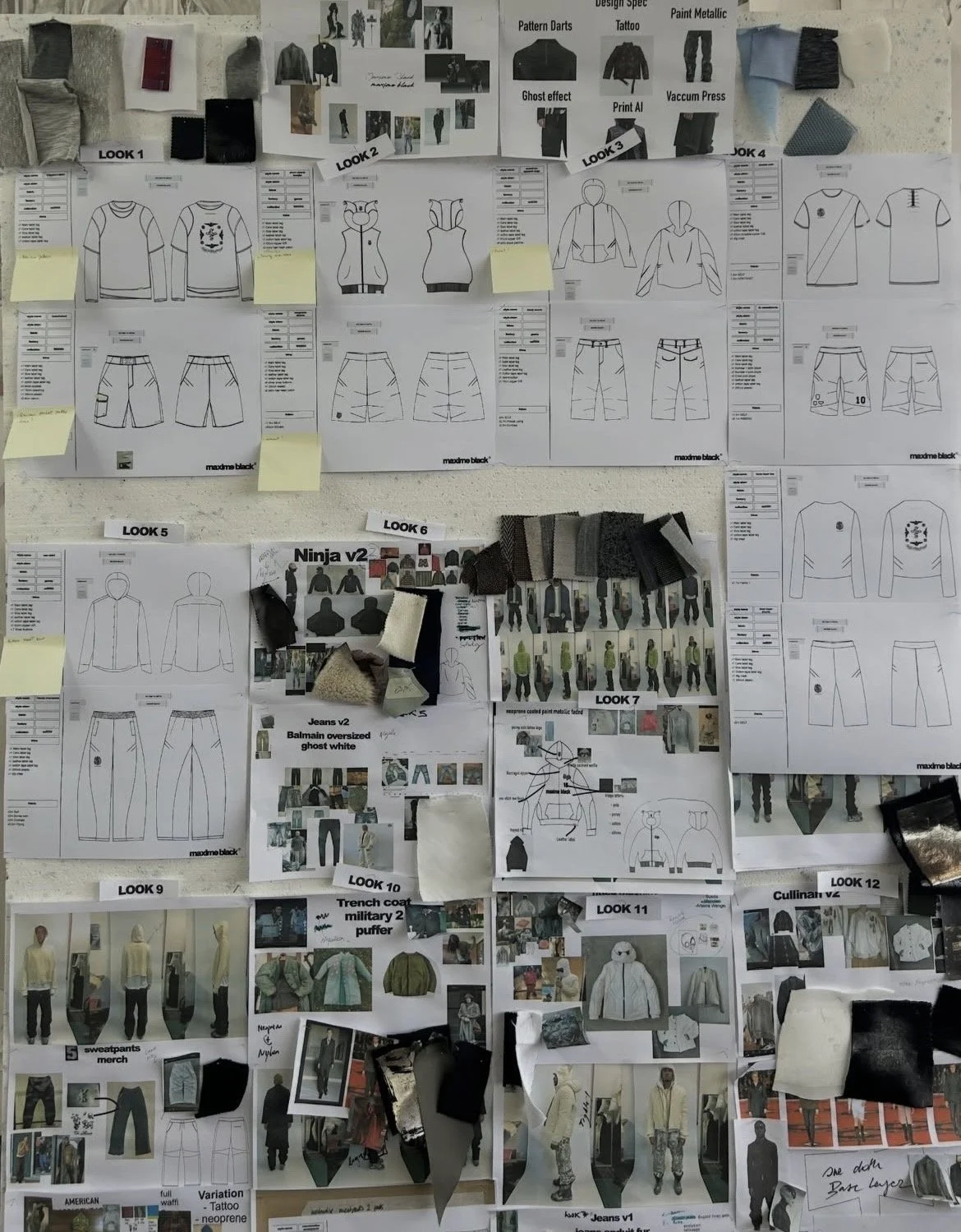The image shows a detailed fashion design board with sketches of various clothing pieces, fabric swatches, and mood boards for different looks and collections. It includes clothing sketches for shirts, pants, jackets, and outerwear, with annotations and fabric samples pinned to the board, organized into sections labeled Look 1 through Look 12.