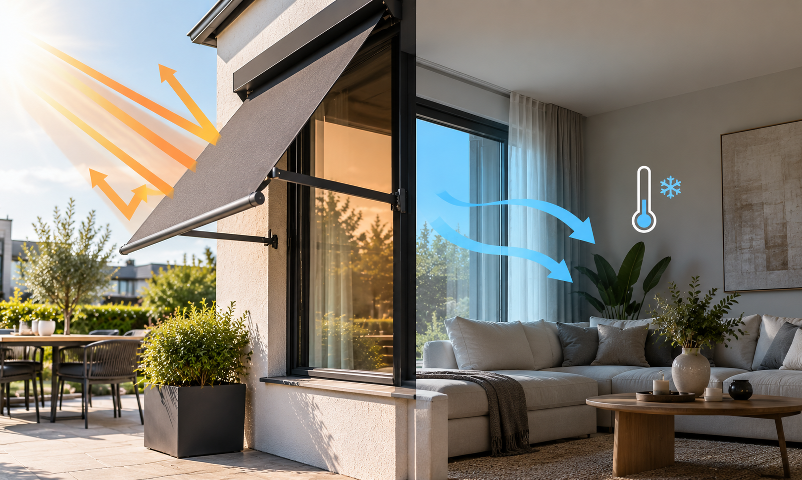 De afbeelding laat een modern huis zien met een balkon, dat wordt verwarmd door zonlicht. Binnen in de woonkamer is een grote raam met gordijnen en een wortelgroen plant. Er zijn tekeningen van temperatuur en airconditioning, die aangeven dat warme lucht van buiten wordt afgevoerd en koude lucht binnen wordt gehaald voor een comfortabel binnenklimaat.
