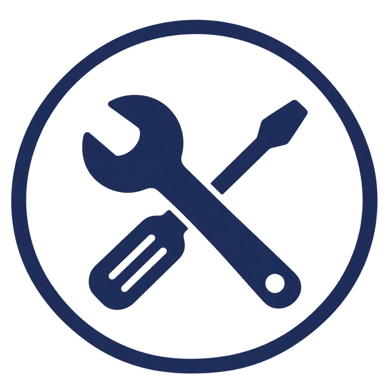 Icon met een moersleutel, een schroevendraaier en een spijker, allemaal binnen een cirkel met een doorgehaalde balk erover, symbool voor gereedschap en reparatie.