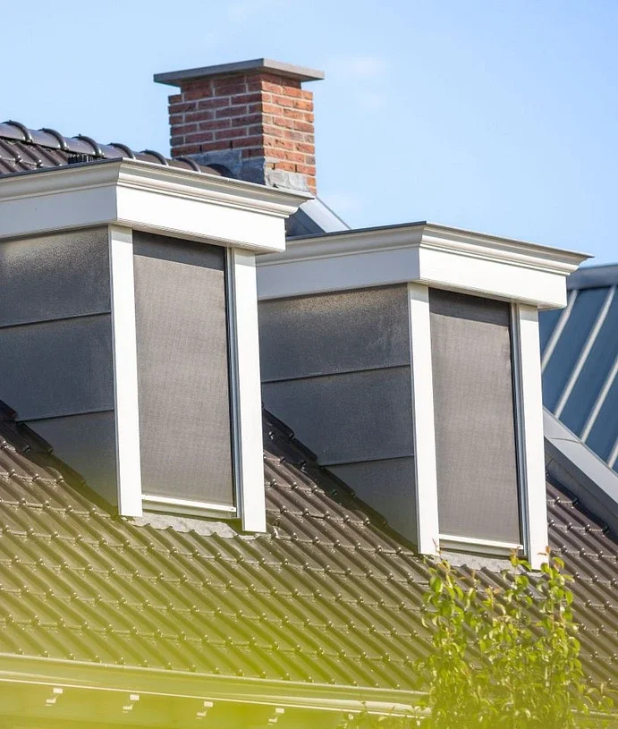 Daken met twee dakkapellen voorzien van ventilatieroosters en een schoorsteen onder een heldere blauwe lucht.