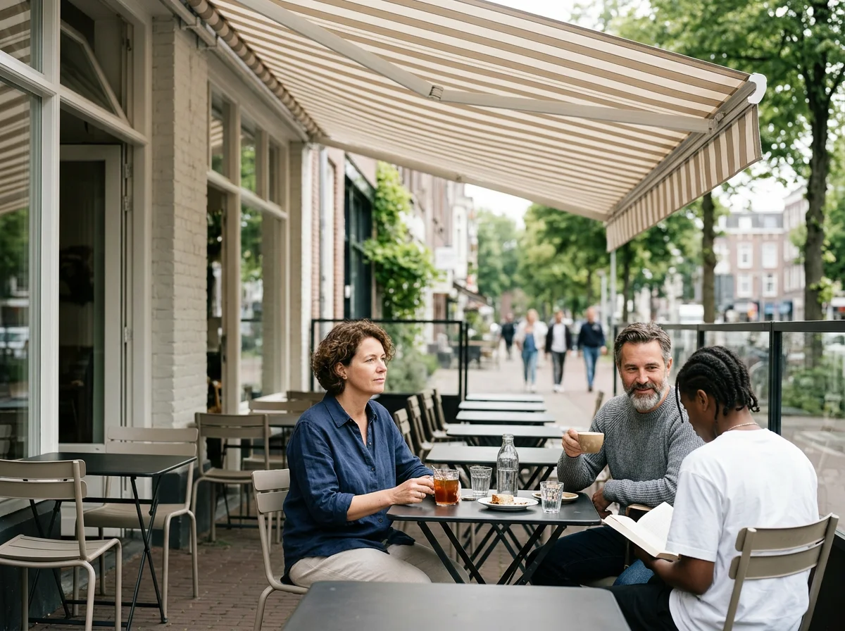 Drie mensen zitten aan een tafel op een terras in de buitenlucht, met wat drinken en eten, en praten.