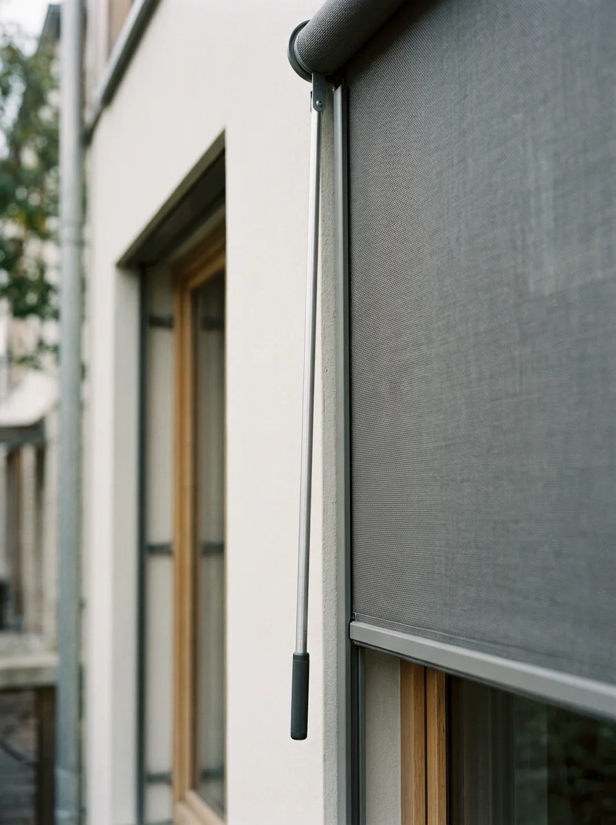 Een close-up van een uitklapbare zonnescherm boven een raam aan de buitenkant van een modern huis.