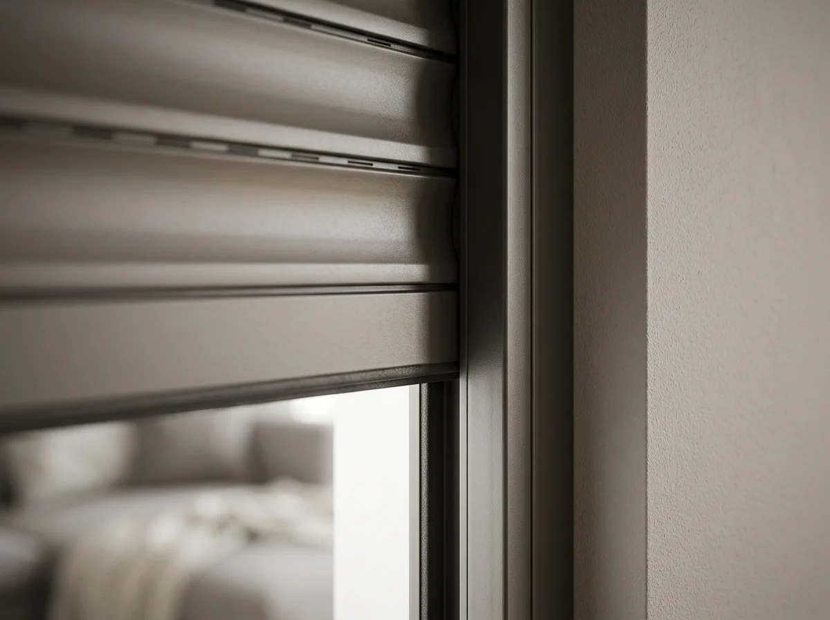 Close-up van een rolgordijn met horizontale lamellen in een Interieur, met een muur ernaast.