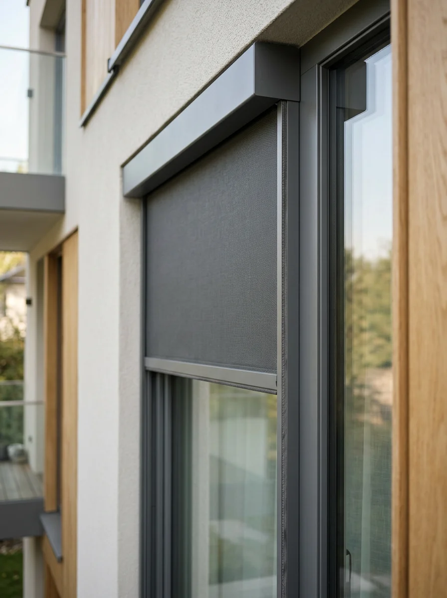Close-up van een raam met een afgeschermd zonneluifel op een modern gebouw met houten en witte muren.
