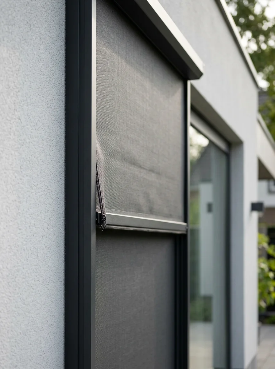 Venster met een deels neergelaten zonnescherm aan de muur van een modern huis.
