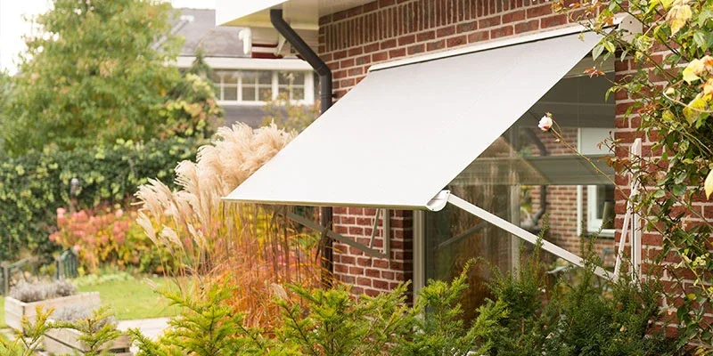 Balkon met een witte zonnescherm en omringende groene planten en bomen.