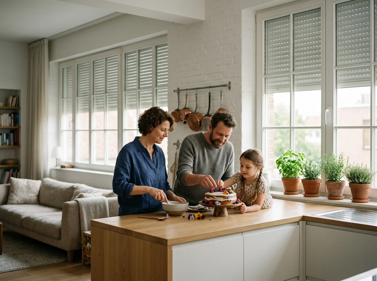 Gezinnetje viert verjaardag in de keuken, man snijdt een taart, vrouw helpt, kind kijkt toe.