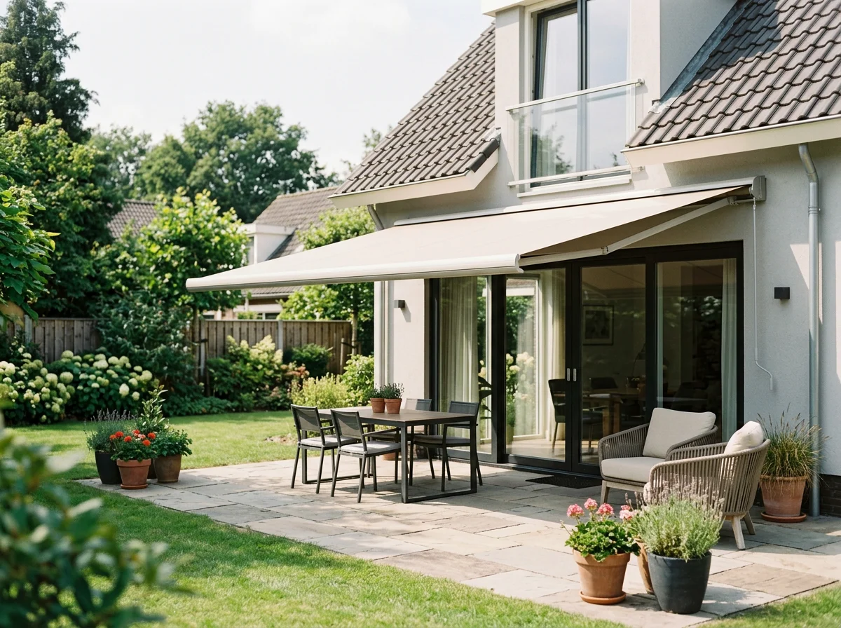 Tuin met terras, buitenmeubilair, planten en bloemen naast een modern huis met grote ramen en een uitklapbare terrasoverkapping.