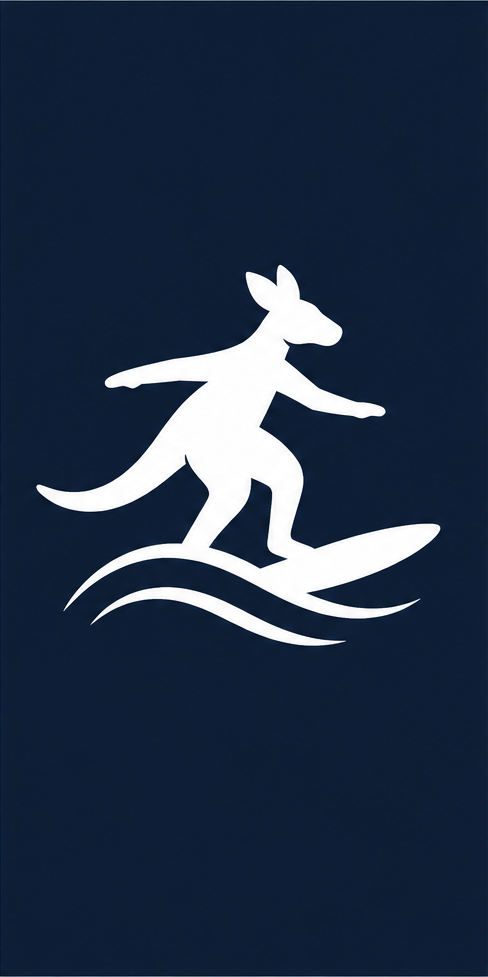 A white silhouette of a kangaroo surfing on a wave against a dark blue background.